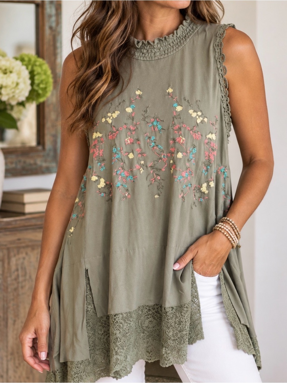 POL Olive Embroidered Lace-Trim Sleeveless Tunic